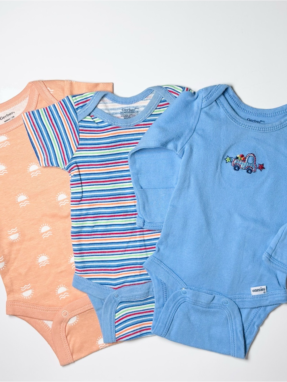 Gerber Onesies Whimsical Truck & Rainbow Stripe Bodysuit Bundle 3pcs NB 0-3M